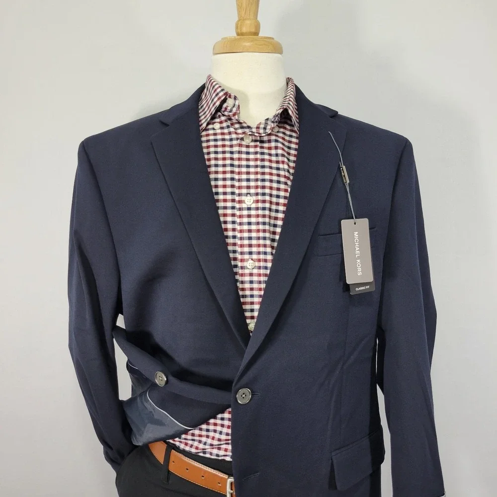 Michael Kors KOOP Mens Sport Coat Blazer Two Button Navy Blue Poly Blend 44L NEW